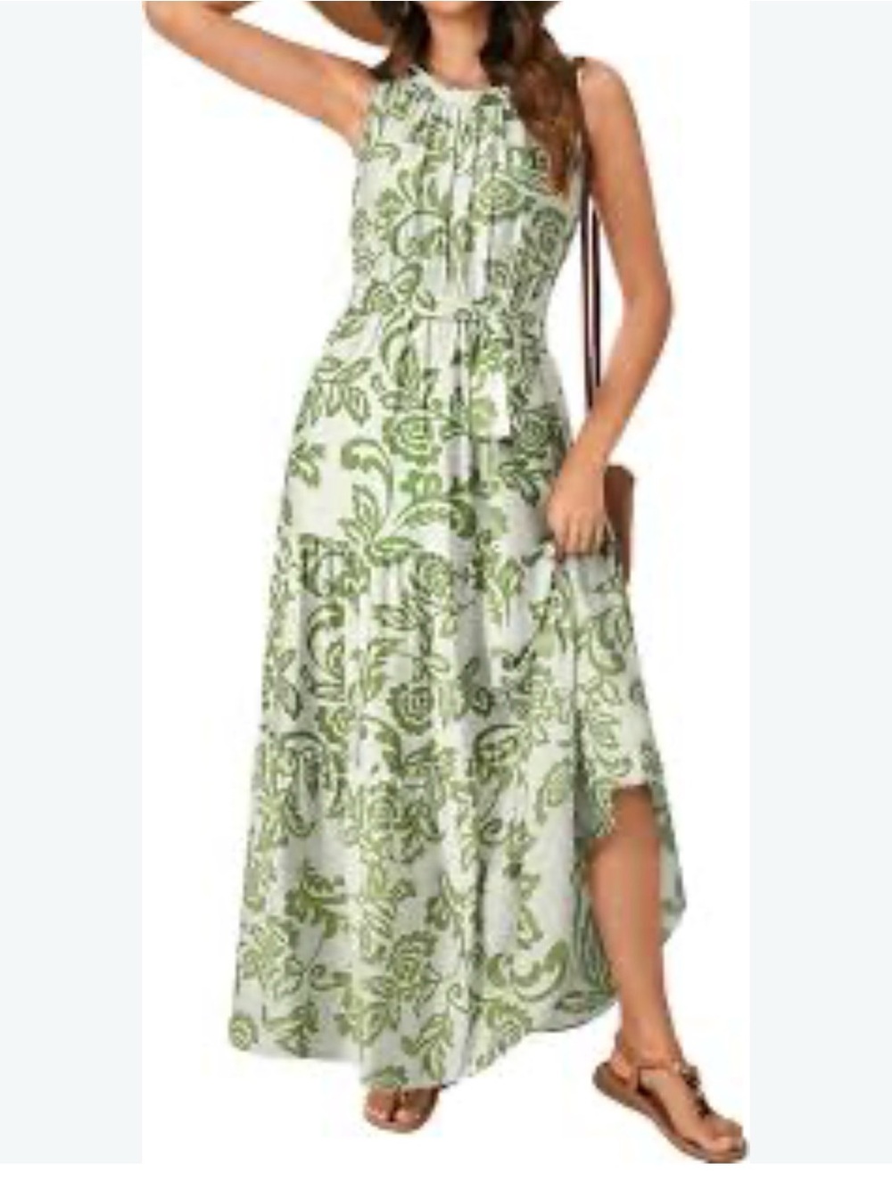 Sleeveless Cream Maxi Dress with Green Floral Print and Waist Tie